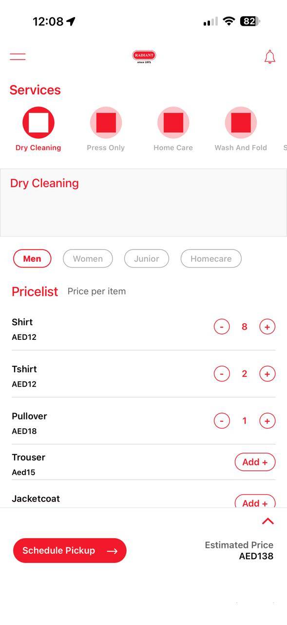 Radiant app home screen — select a service and get an instant estimate
