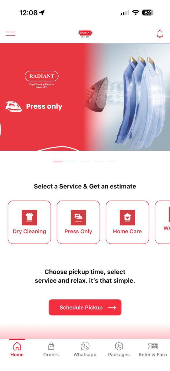 Radiant app pricelist screen — add shirts, tshirts, pullovers and more