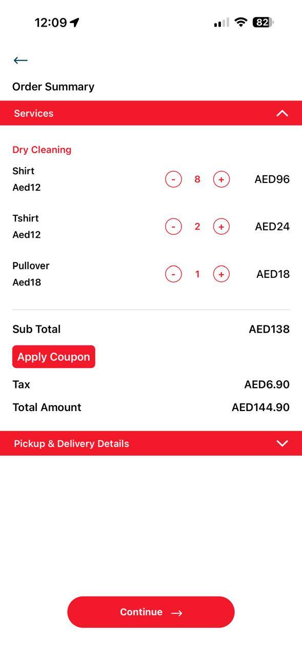 Radiant app order summary screen showing sub total, tax and total amount