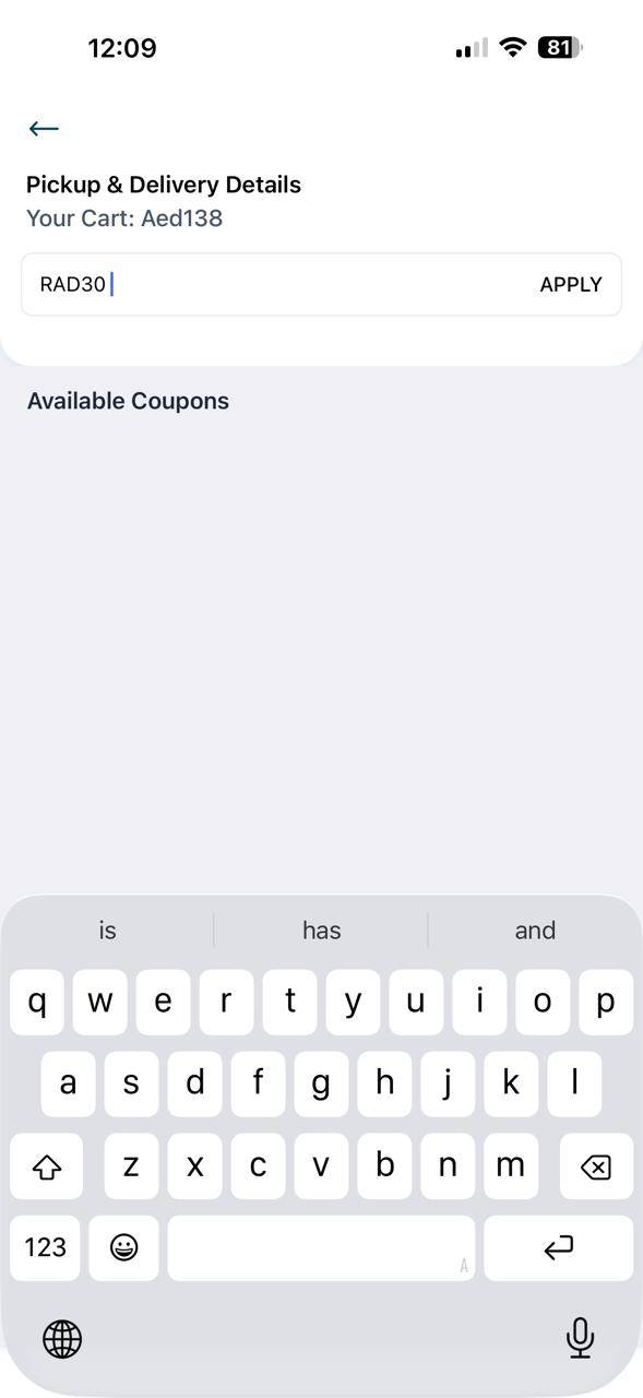 Radiant app coupon code entry screen