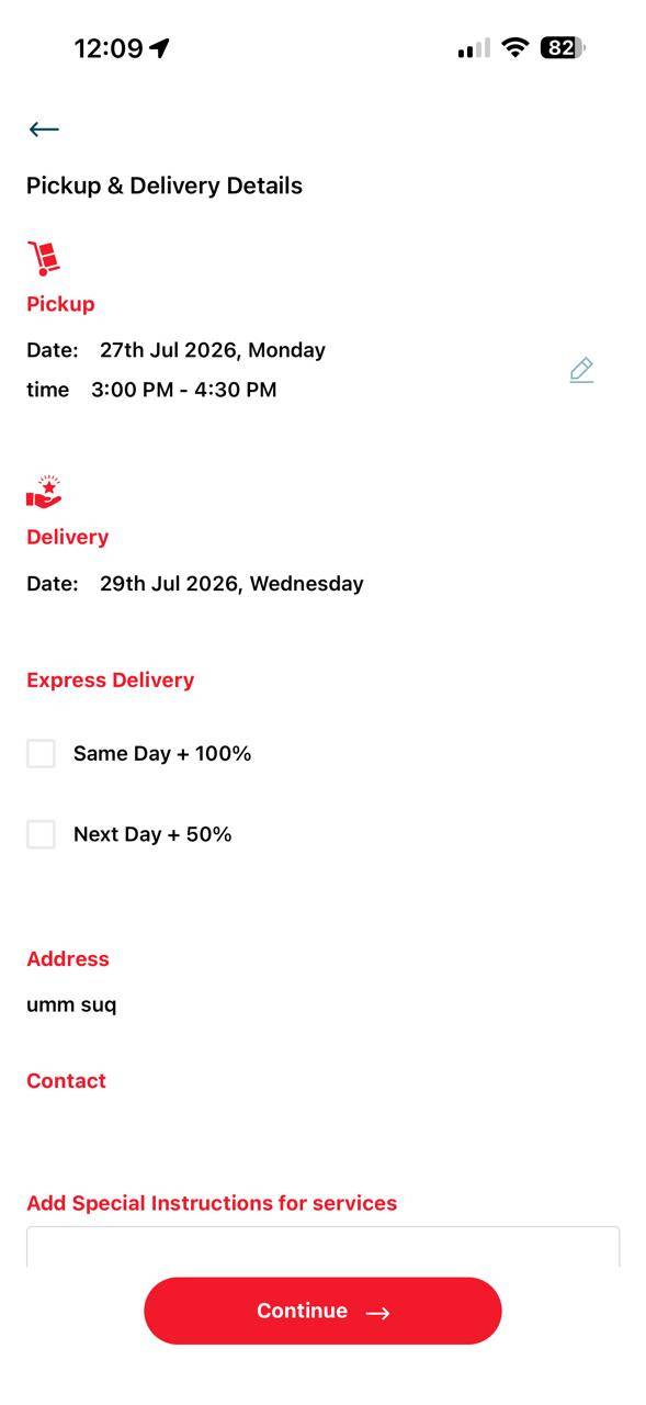 Radiant app pickup and delivery details screen with date, time and express delivery options