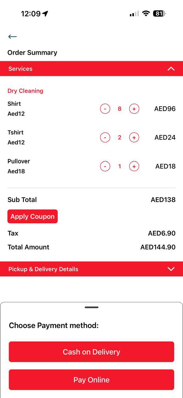 Radiant app payment method screen with cash on delivery and pay online options